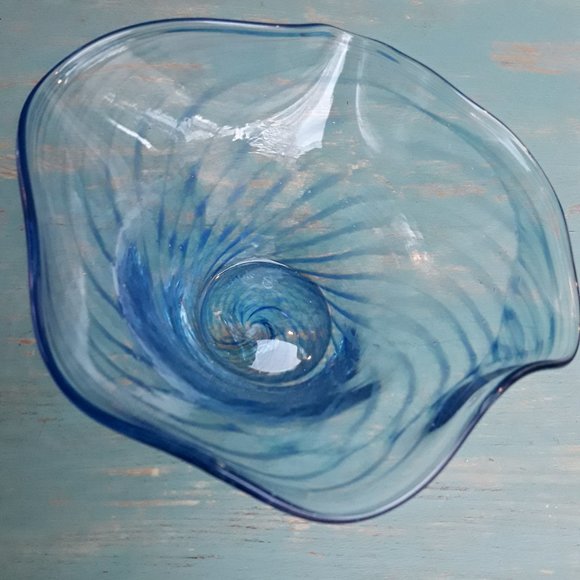 Murano Glass Art Bowl Bubbles Swirls of Blue Glass Clear Signed by Artist italy - Picture 11 of 16